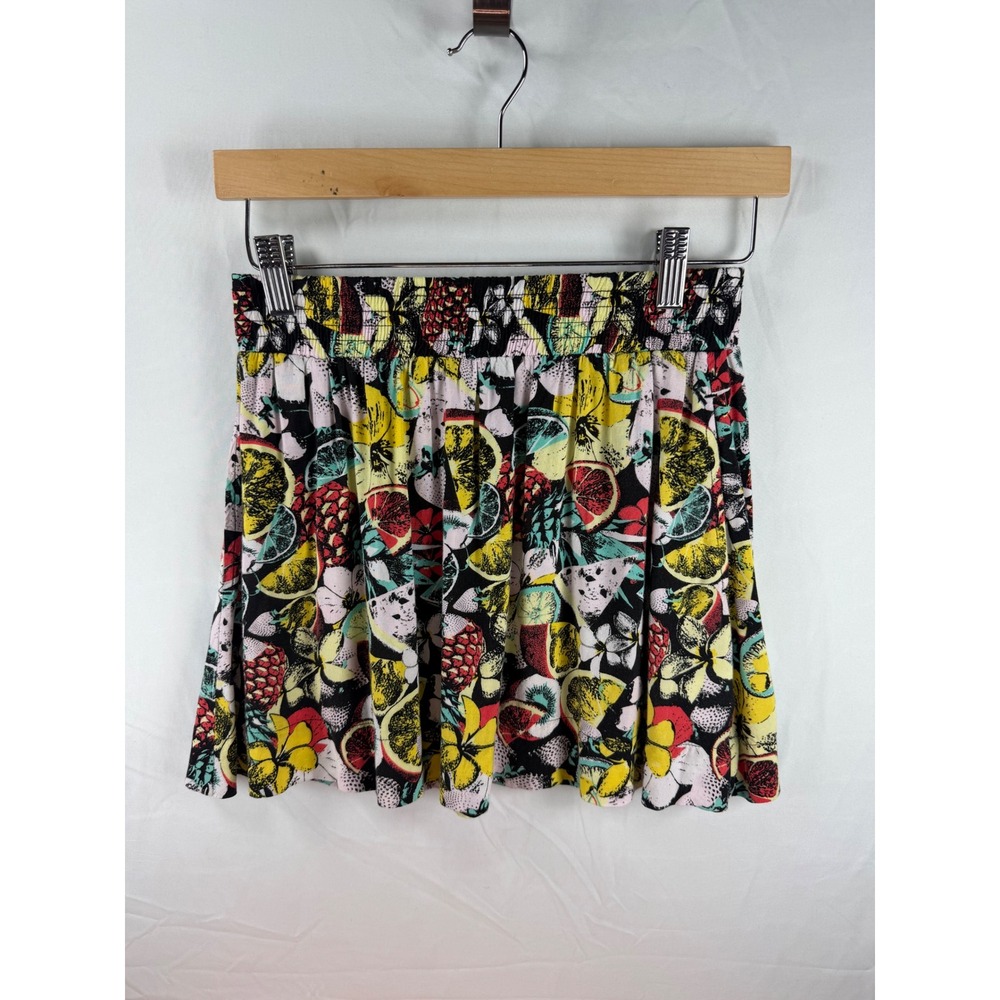 Volcom Weirdette Mini Skirt Tropical Fruit Print Rayon Smocked Waist XS girlcore